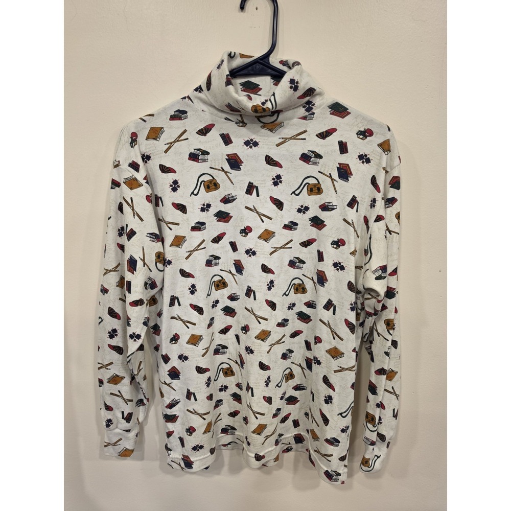 Vintage Northern Isles Novelty Print Turtleneck Sweater Women's M School Teacher